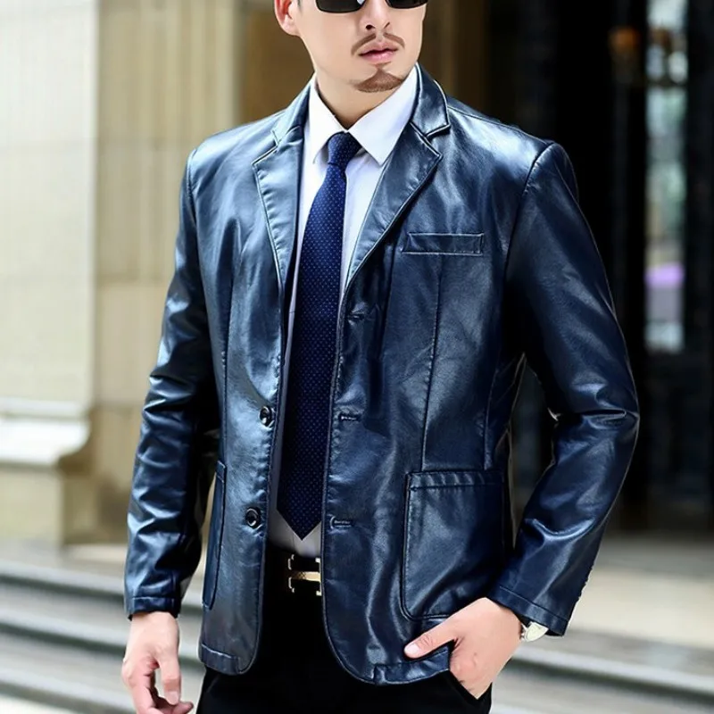 Plus Size 7XL Mens Business Pu Leather Blazer Jacket Single Breasted Lapel Collar Slim Fit Faux Leather Jacket Outwear Coats