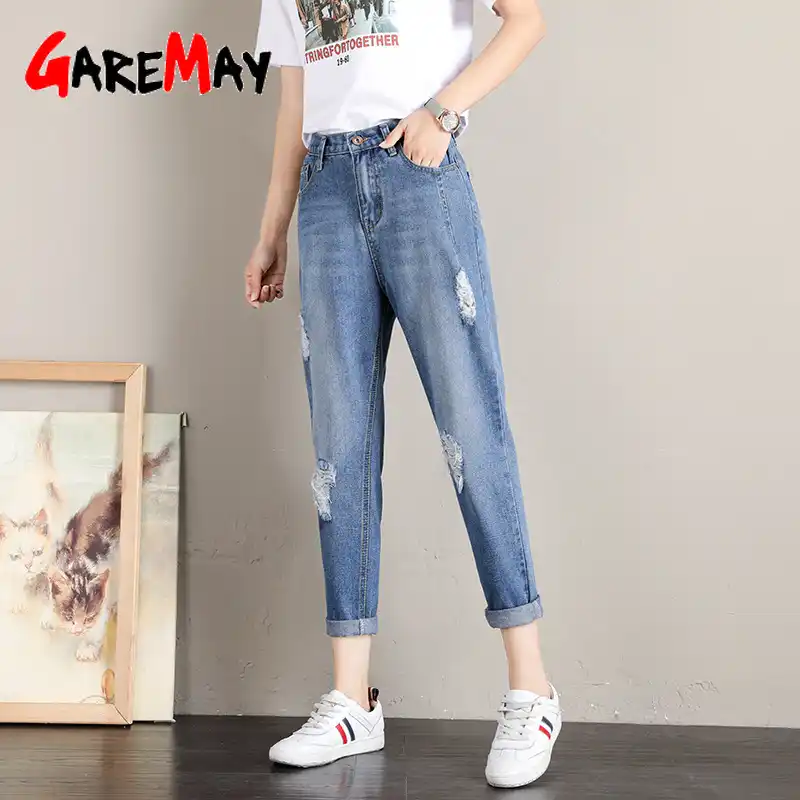 Agujero Pantalones Vaqueros De Estilo Boyfriend Para Mujer Cintura