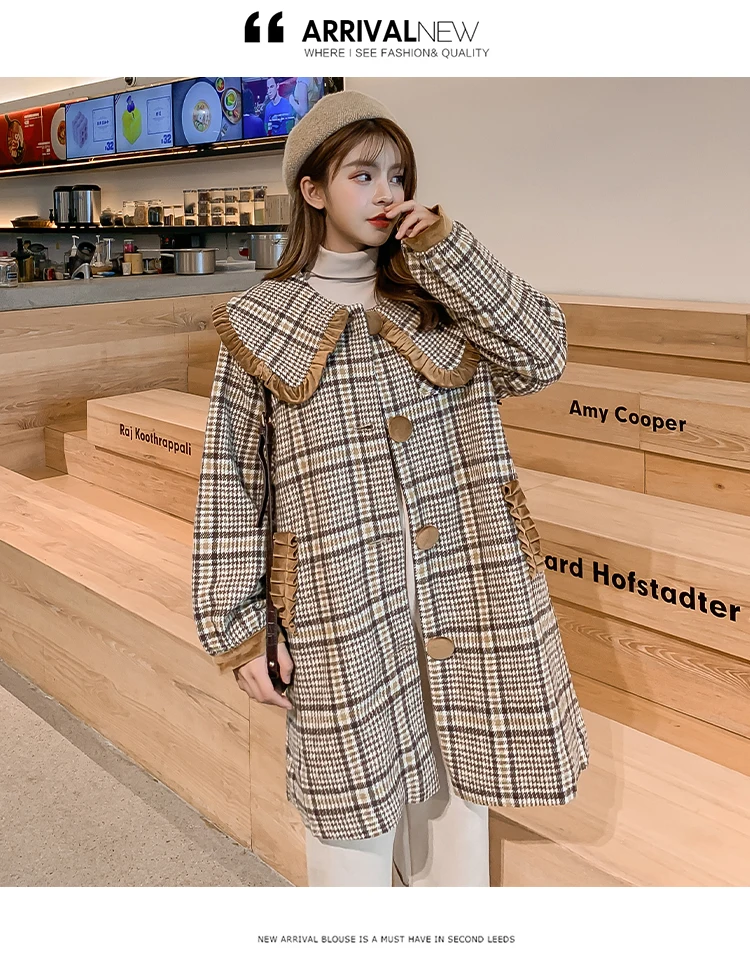 Autumn Winter Women Tweed Coats Peter Pan Collar Single-breasted Khaki Checked Overcoat Womans Plus Size Wool Blend Outerwear