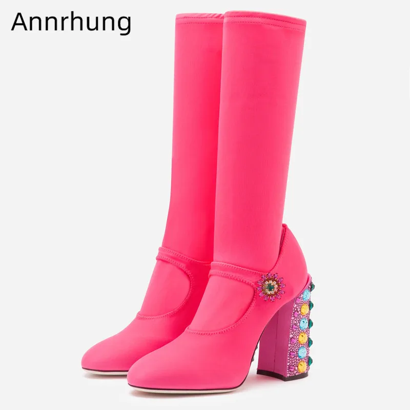 

Latest Design Socks Boots Women Crystal Buckle Decor Runway Booties Fashion Slip On Mary Janes Boots 2019 New Autumn Slim Botas