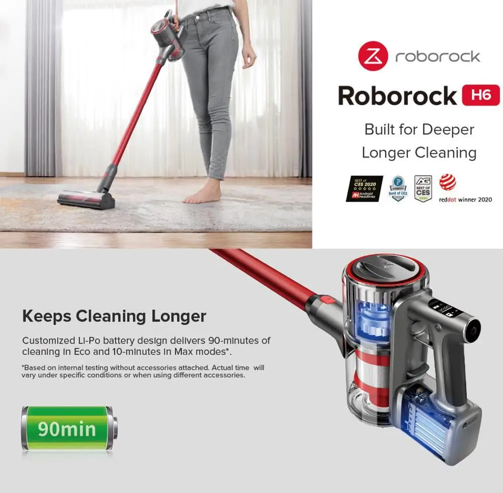 photo Longest Lasting Vacuum Cleaners introducing the roborock h6 the longest lasting cordless stick vacuum 90 minutes 150 aw of suction hard floor and carpet 5 in 1