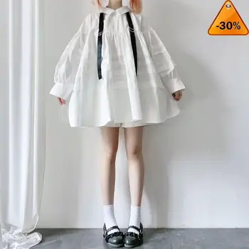 

Pleated Bandage Child White Hollow Out Blouse New Lapel Long Sleeve Loose Fit Shirt Fashion Spring Autumn 2020