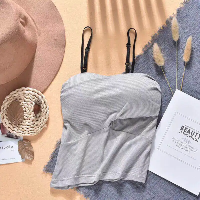 Серый Летнее пикантное платье Camisoles Облегающая майка летняя Антибликовая без обода обернутая Женская майка - Цвет: Серый