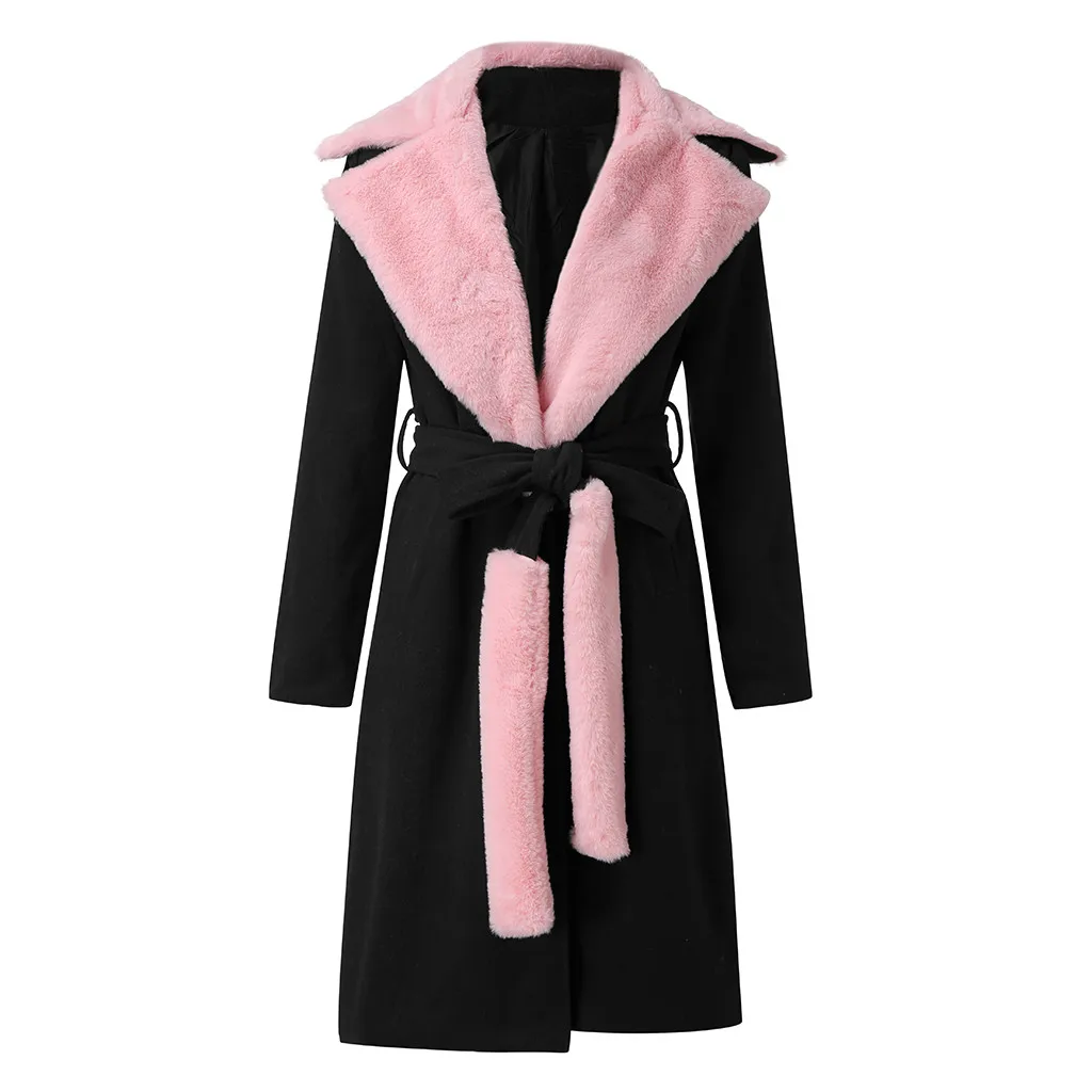Зимнее теплое Женское пальто, модное плотное шерстяное пальто с отложным воротником и шерстяным поясом, женское элегантное шерстяное пальто - Цвет: BK