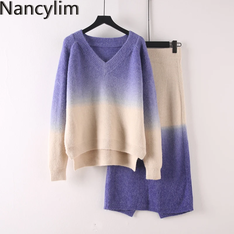 

New Autumn Woman Knitted Two-pieces Suit Gradient Sweater Pencil Skirt Set for Woman Female Winter Warm Suits 2019