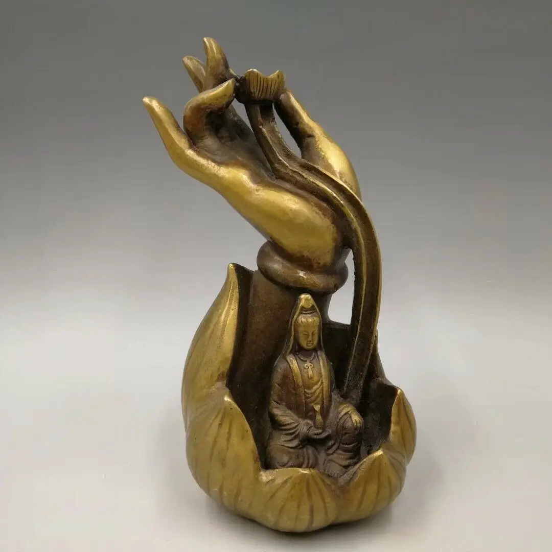 Китайский Старый латунный бергамот статуя Гуаньинь Будды Kwan-yin Bodhisattva Qianlong год украшения дома
