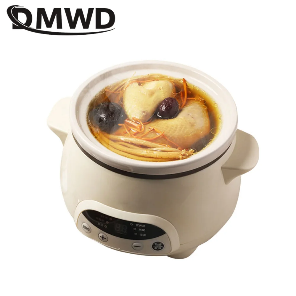 DMWD Household Electric Stewing Pot 1.2L Soup Pot Mini Slower Cooker Porridge Casserole White Porcelain Liner Breakfast Machine 4