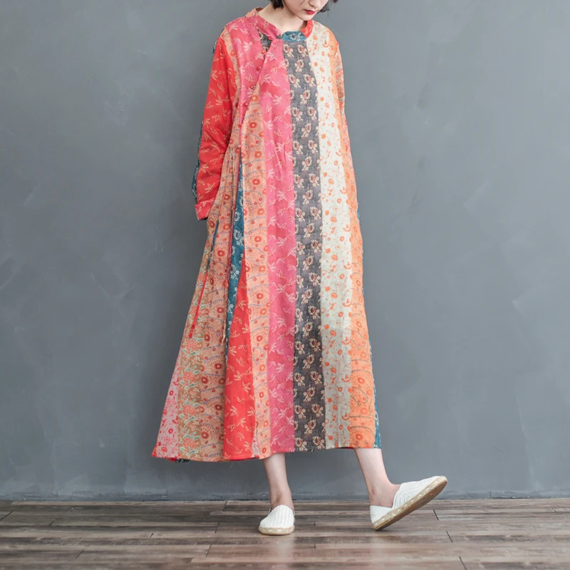 

Retro Original National Wind Hit Color Floral Dress Female Spring Stand Collar Oblique High-end Ramie Print Long Sleeve