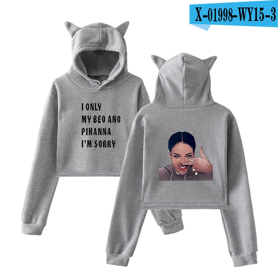 Рубашка Rihanna женские толстовки с капюшоном с длинным рукавом в стиле пэчворк, с кошачьими ушками, с капюшоном, милые укороченные топы для девочек, свитшоты женские осенние - Цвет: gray