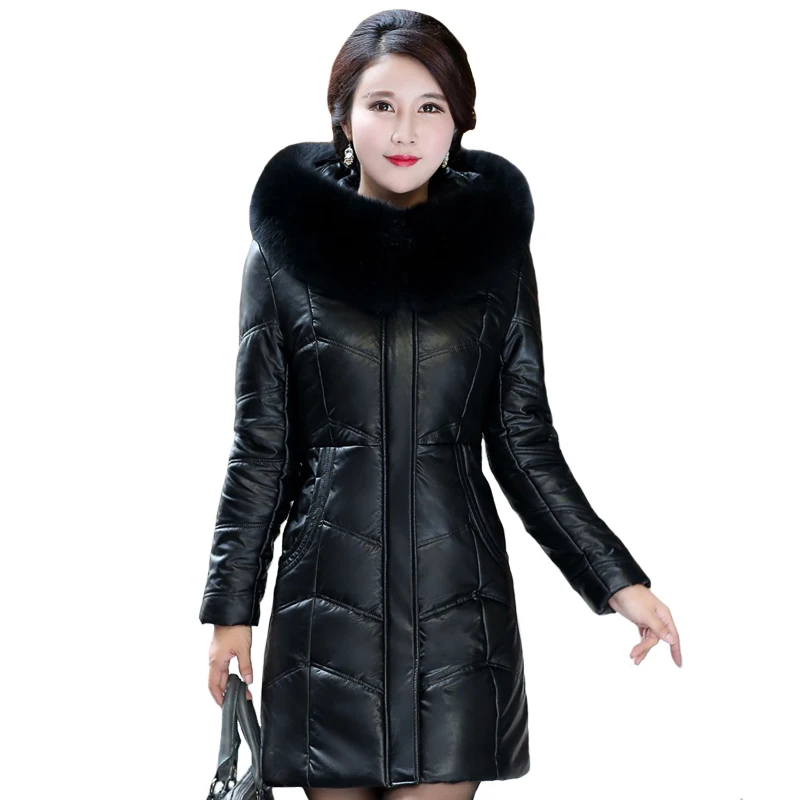 

Middle aged Women Leather Jacket Winter Autumn Fur Collar Plus size 6XL 7XL 8XL Warm Mother Long Parkas Thick Hooded Down Jacket