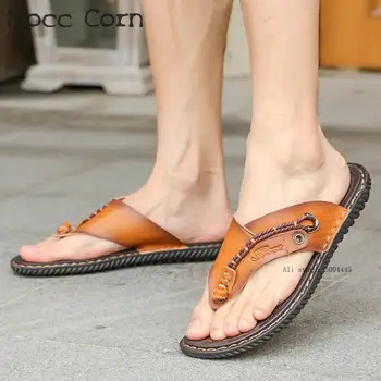 

Summer Non Slip Beach Slippers Male Leather Flip Flops Men Sandals High Quality Mens Shoes Casual Flip-flops Fashion Slides Blue