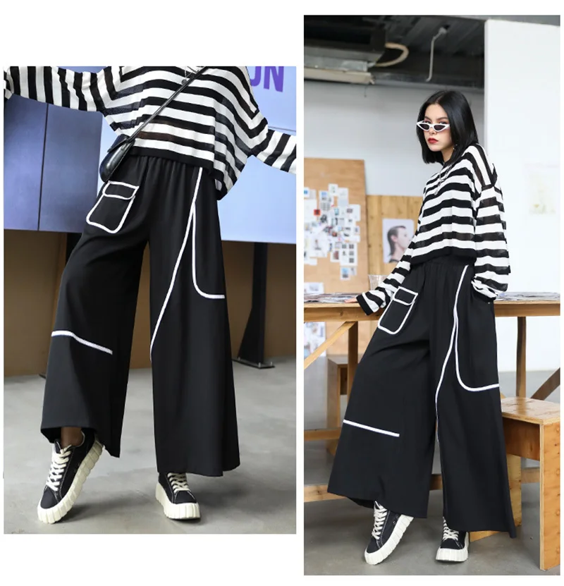 [EAM] High Elastic Waist Black Pocket Split Long Wide Leg Trousers New Loose Fit Pants Women Fashion Spring Autumn 2020 1X812