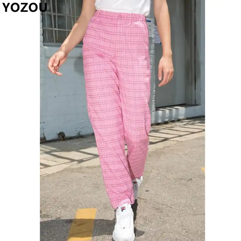 Pink checked trousers womens Clearance