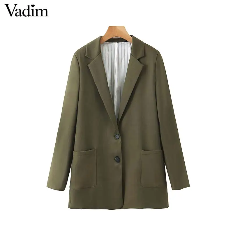 

Vadim women basic army green blazer long sleeve notched collar pockets single breasted coat female solid vintage tops CA583