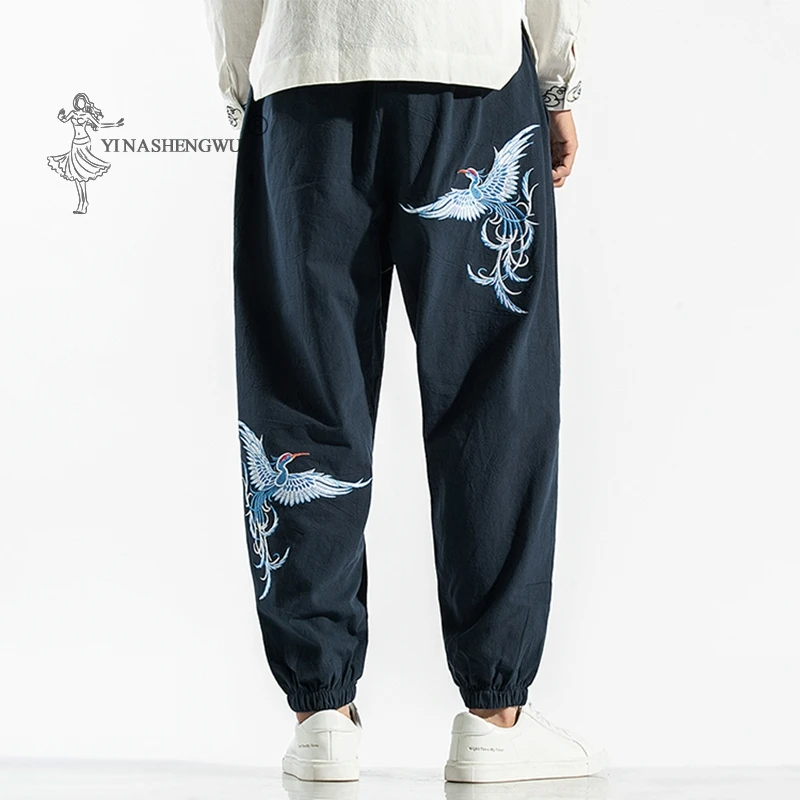 

Kimonos Japanese Style Crane Embroidered Pants Harajuku Yukata Beam Feet Harem Men Asian Japan Traditional Cropped Male Costume