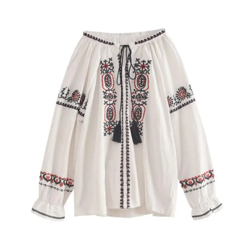Винтажная шикарная Женская богемная Цветочная вышивка милая пляжная блузка-кимоно с длинным рукавом Свободные Boho рубашки blusa - Цвет: white