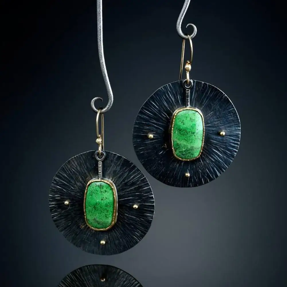 

Vintage Women Faux Turquoise Inlaid Round Dangle Drop Hook Earrings Wedding Party Bohemia Jewelry Accessory Christmas Gift