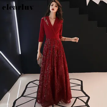 

Shiny Sequined Robe De Soiree R210 V-Neck Elegant Evening Dresses Burgundy A-Line Women Party Gowns Three Quarter Long Vestidos