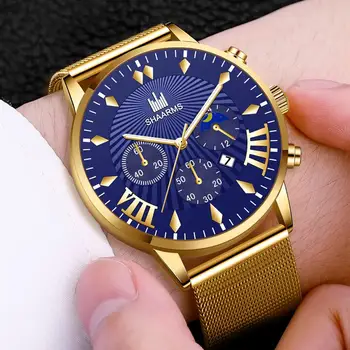 

SHAARMS Fashion Gold Mesh Band Watch Stainless Steel Men Quartz Wristwatch Male Man Luxury Business Watches Relogio Masculino
