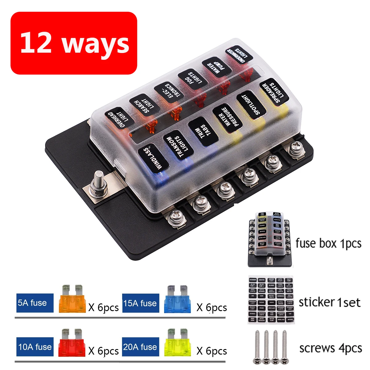 12V 24V Car Blade Fuse Box Holder 6 8 10 12 Ways Modified Fuse Box Terminal Block with LED Warning Light Boat Marine Trike