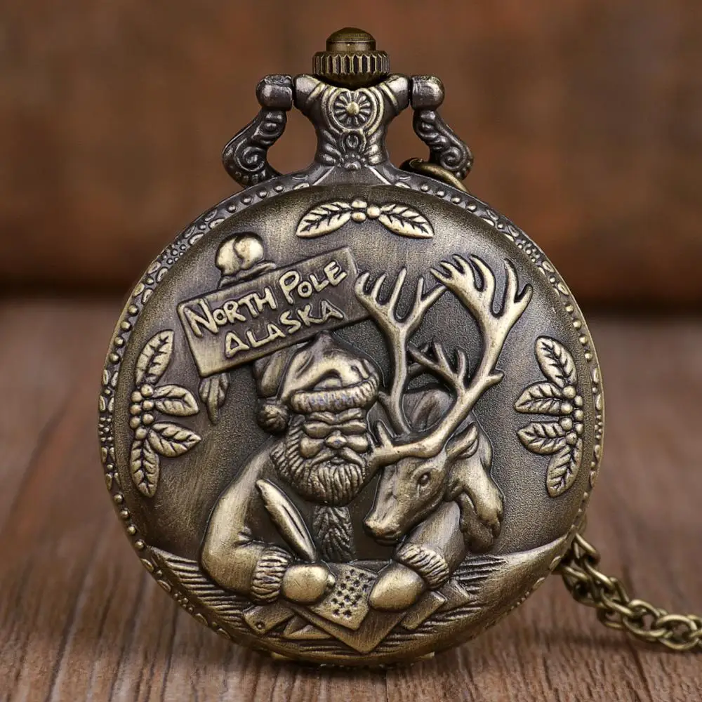Винтажные бронзовые Кварцевые карманные часы для мужчин и женщин подвеска с Санта-Клаусом ожерелье часы Рождественский подарок