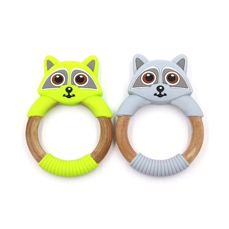 

Silicone Teethers Cartoon Beech Wood Racoon Teething Ring DIY Baby Rattles Tiny Rod Christmas Gift Baby Teethers