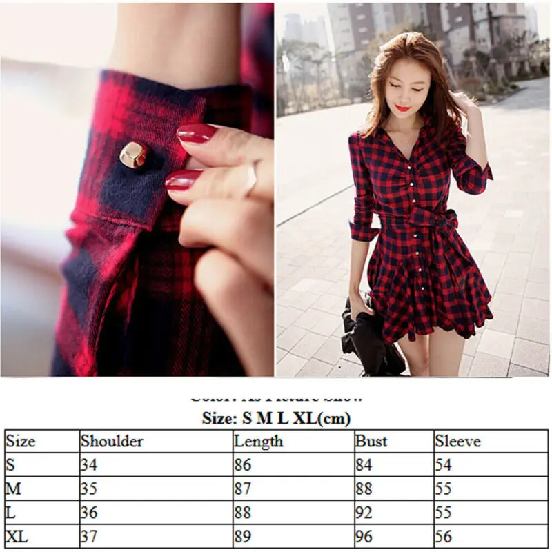 Womens Casual Blouses Dress New Excellent Quality Flannel Red Plaid Print Dress Female Casual Long Sleeve Vestito Lady Clothes