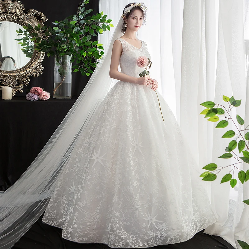 Vintage Classic wedding dress Vestidos De Novia new bride V neck white luxury Lace French Star Sky Robe De Marige Sirene 7