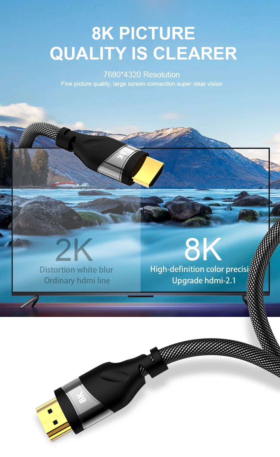 8K HDMI кабель высокоскоростной 48 Гбит/с 8K@ 60 Гц 7680P Dolby Vision, HDCP 2,2, 4:4:4 HDR eARC совместим с Apple tv