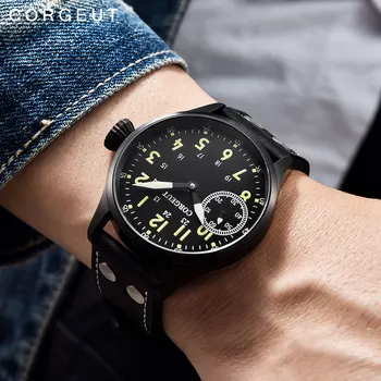 

Corgeut 44mm Fashion Mechanical Men Watch 17 Jewels Hand Winding 6497 Seagull ST3600 Luminous Leather Strap Wristwatch Men