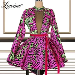 Picture color Formal Long Sleeve Arabic Evening Dress Sequins Dubai Turkish Short Party Dress Gowns Custom Prom Dresses Abendkleider - Цвет: Picture color