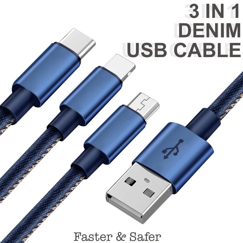 3 в 1 джинсовый микро usb зарядный кабель для samsung 2.4A быстрое зарядное устройство для huawei Xiaomi LG кабель для передачи данных для мобильного телефона для синхронизации iphone