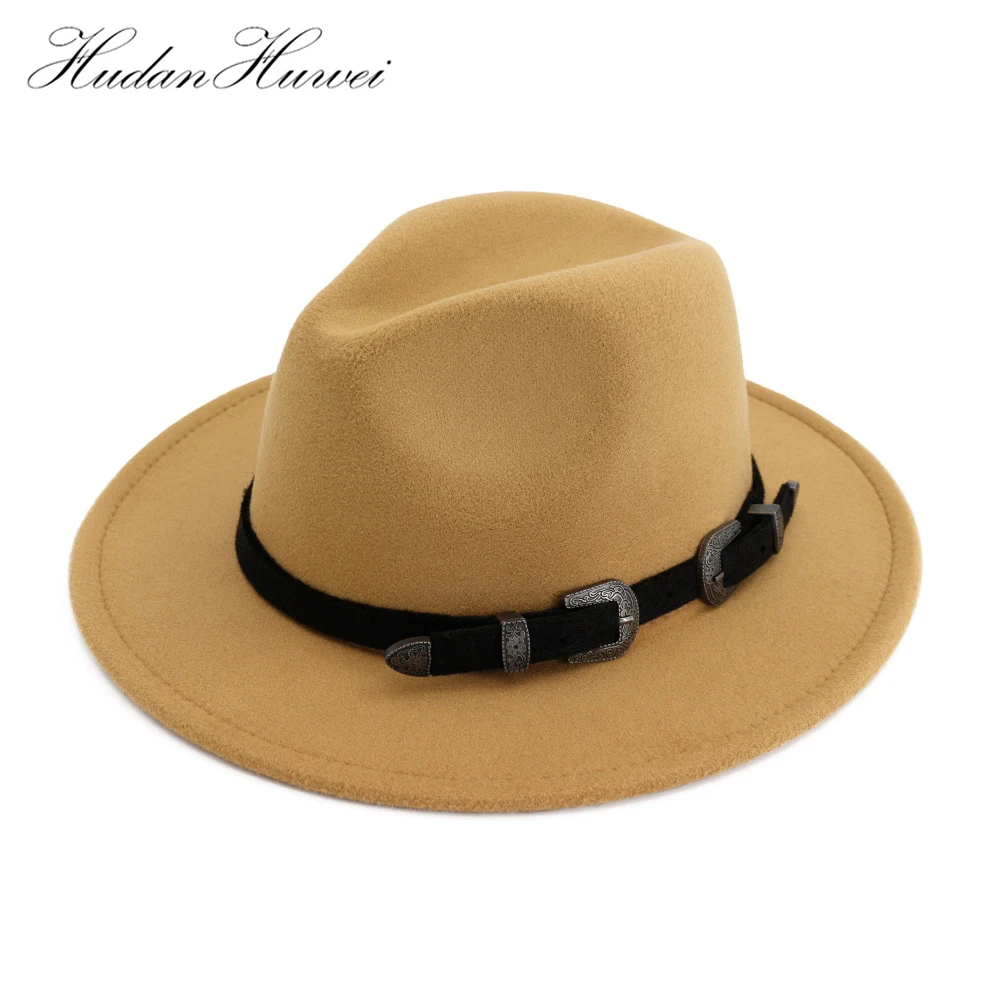 HUDANHUWEI Womens Wide Brim Fedora Hat with Metal Belt Buckle Unisex Panama Cap 