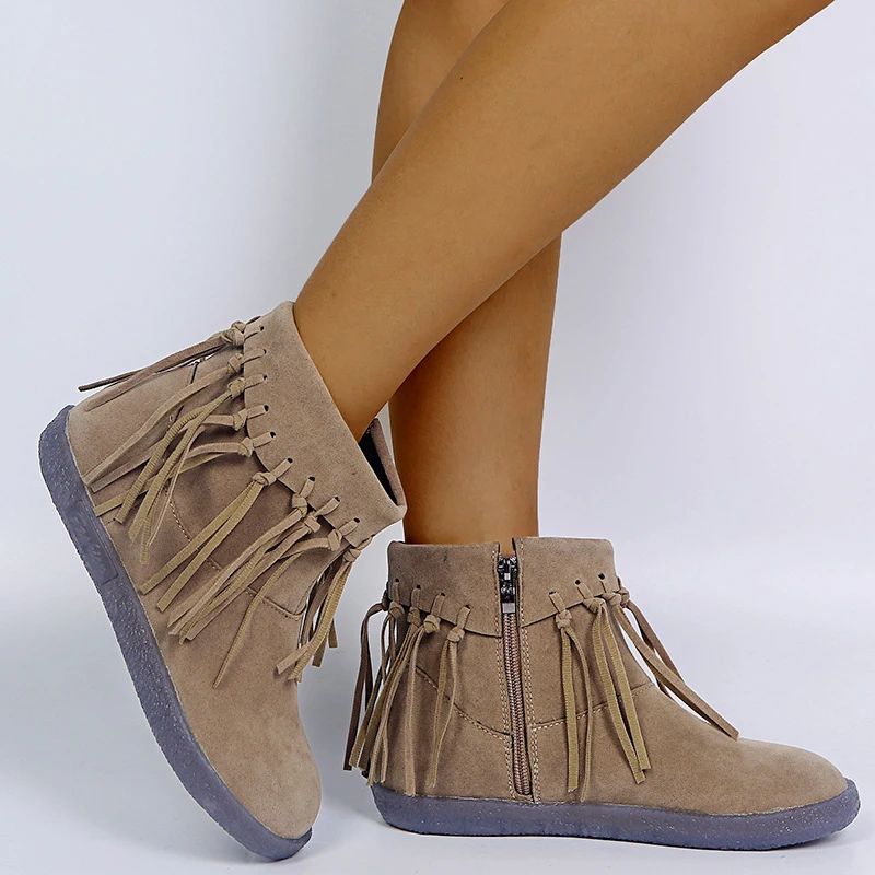 

Women Tassel Ankle Boots Women's Vintage Boots Female Fashion Fringe Round Toe Shoes Ladies Casual Zip Flat Big Size 35-43