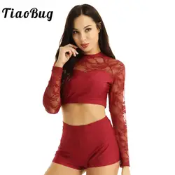 TiaoBug/женский комплект из двух предметов для танцев, кружевной короткий топ с длинными рукавами и шорты для балета, гимнастики, фитнеса