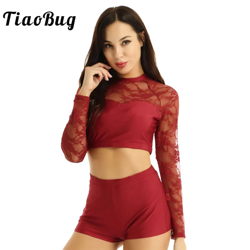 TiaoBug Women Two piece Dancewear Set Lace Long Sleeve Crop Tops with