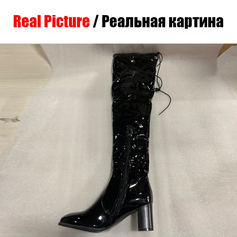 ALLENLYNN/большие размеры 33 48 женские модные сапоги до колена из лакированной