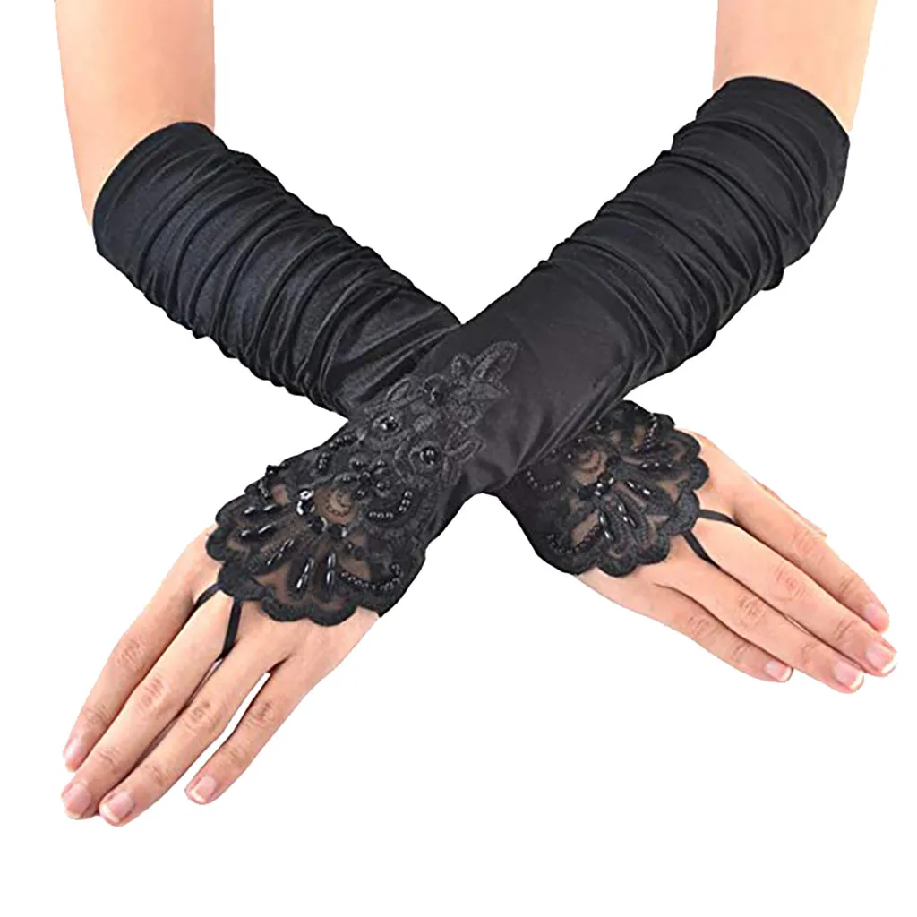 Guantes de cuero elegantes mujer, guantes de trampa negros, satén, para la noche, para fiestas, para mujeres, longitud del codo, - AliExpress