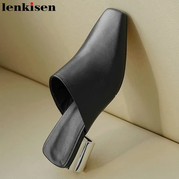 

Lenkisen concise style high quality real leather square toe med strange heels mules lace on office lady fashion mature pumps L37
