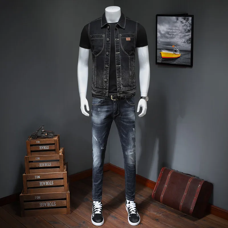 Mens Motorcycle Biker Black Denim Vest 