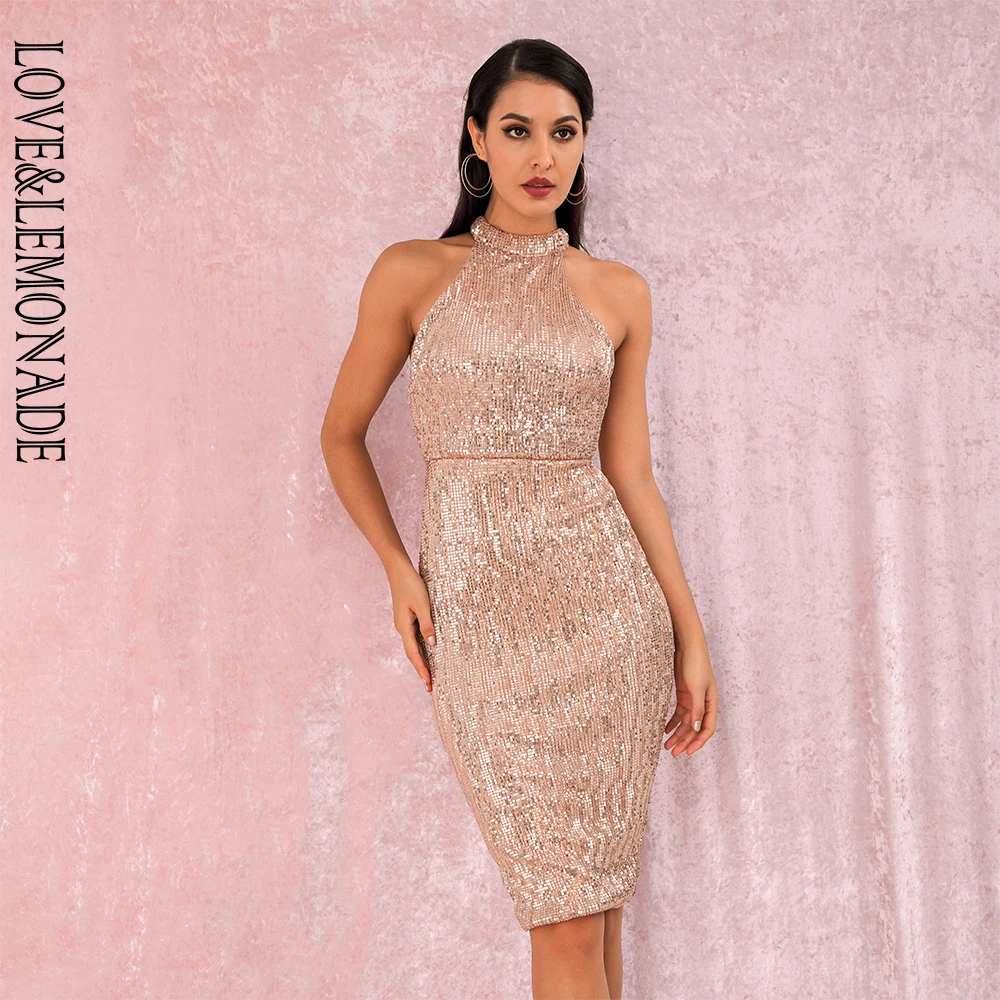 Женское облегающее платье LOVE & LEMONADE розовое золотистое эластичное вечернее до