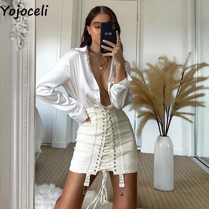 Элегантная белая Осенняя короткая юбка Yojoceli на шнуровке женские юбки футляр с
