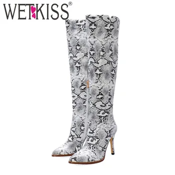 

WETKISS Snake Skin Pu Boots Women Sexy High Heels Boots Pointed Toe Shoes Female Zip Party Knee High Shoes Ladies Winter 2019