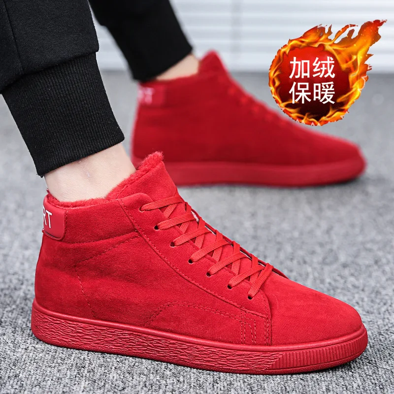 New high quality men's casual shoes fashion flat shoes walking shoes trend men's lazy shoes plus velvet warm sports men's shoes - Цвет: Red plus velvet