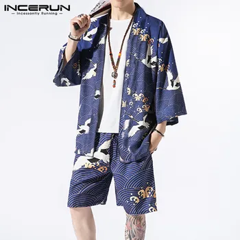 

INCERUN Chinese Style Men Sets Printing Vintage 3/4 Sleeve Open Stitch Shirts Kimono Casual Shorts Summer Streetwear Mens Suit