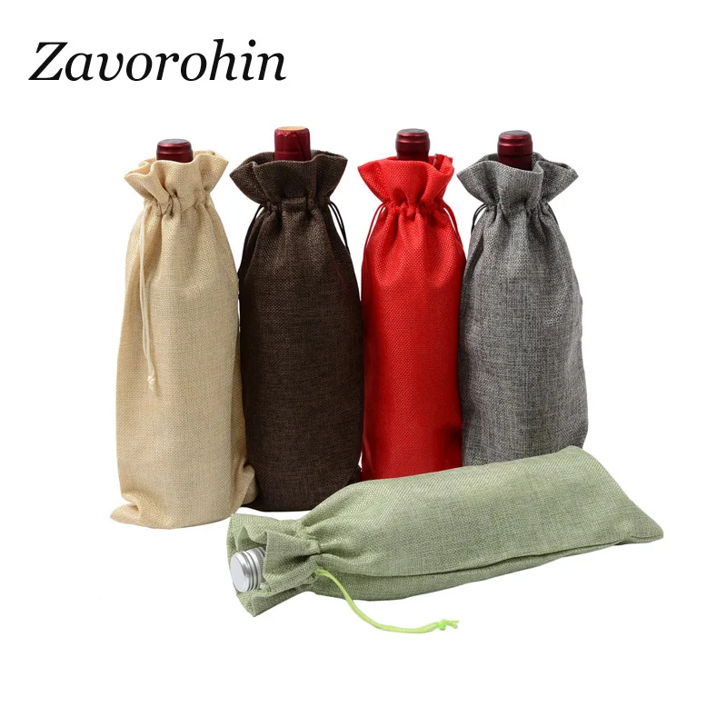 

10pcs/lot 15x35 cm Rectangle Drawstring Jute Burlap Linen Bags Champagne Red Wine Bottle Bag Wedding Party Packing Pouches