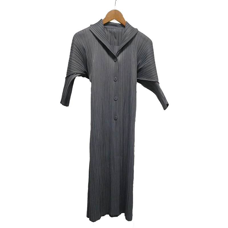 HOT SELLING Miyake High-end fashion puff three quarter solid turn-downcollar Button Fake two pieces dress IN STOCK