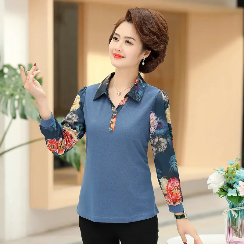 

Spring Blouse Woman Red Blue Orange Flower Long Chiffon Sleeve Patchwork Design Tops Womens Turn Down Collar Blouses Plus Size
