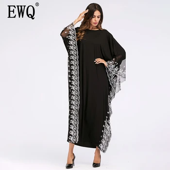 

[EWQ] 2020 Spring Summer New Pattern Round Collar Long Sleeve Lacework Patchwork Pullovers Casual Loose Dress Women AK78701