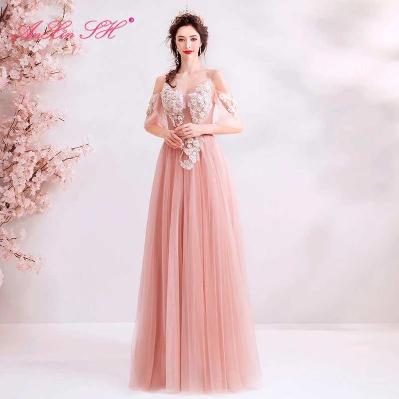 

AnXin SH princess boat neck pink evening dress luxury illusion pink flower evening dress beach beading pink evening dress 7616